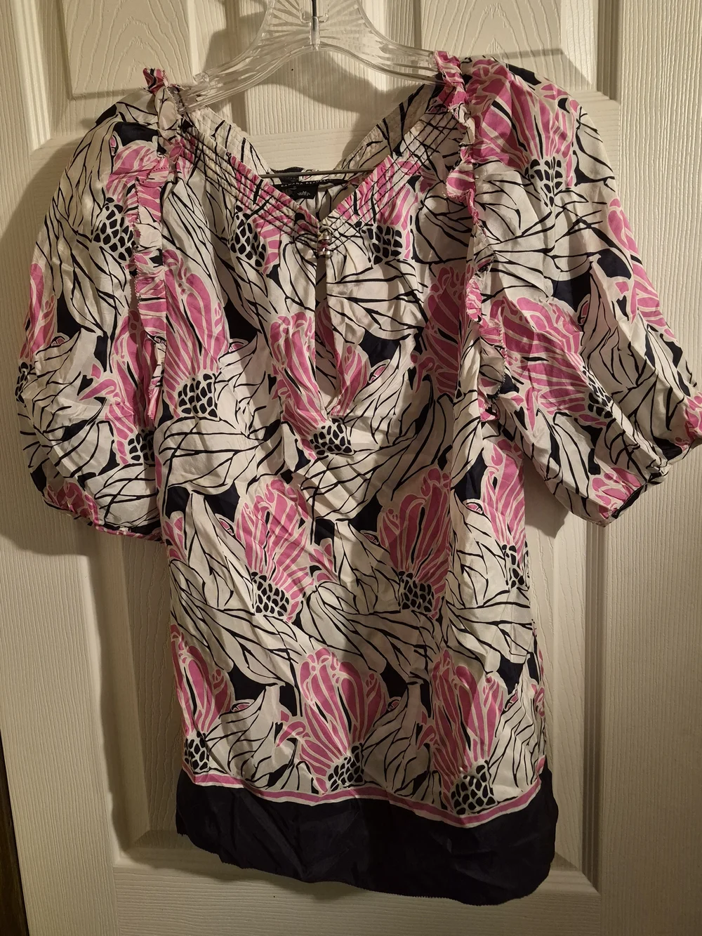 Banana Republic Pink & White Floral Puff-Sleeve Blouse